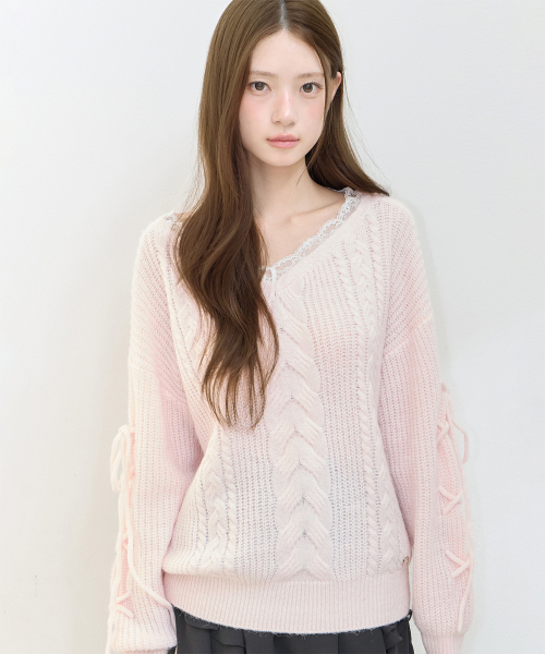 LACE UP V-NECK KNIT PINK