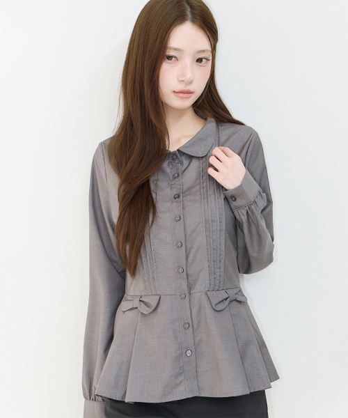 PLEATS DOUBLE BOW BLOUSE GRAY