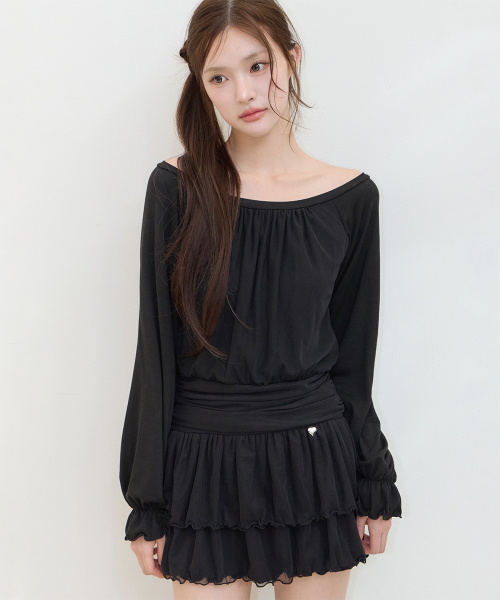 BOAT NECK SHIRRING MINI ONE-PIECE BLACK
