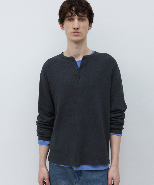 Textured Cotton Henley Neck Long Sleeve DARK GREY