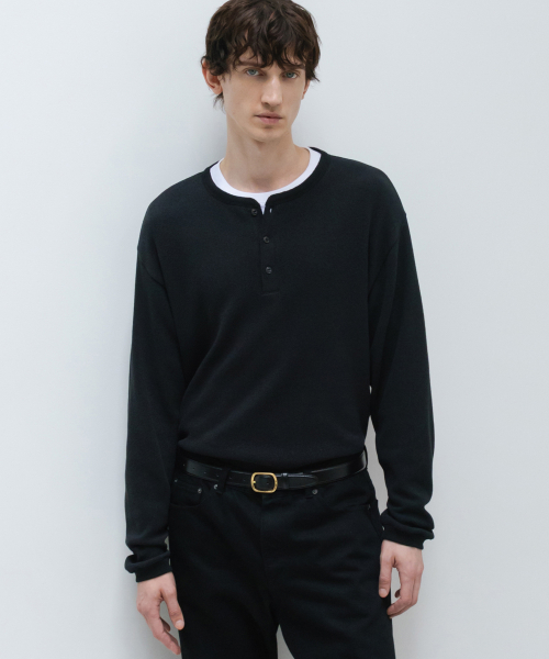 Textured Cotton Henley Neck Long Sleeve BLACK