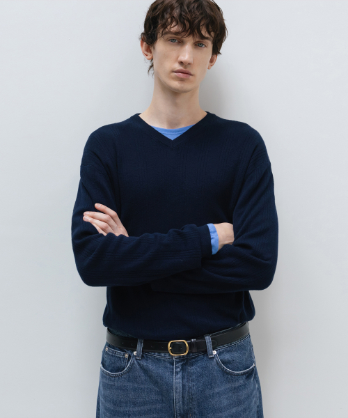 Cotton Cashmere Ribbed V-Neck Knit NAVY