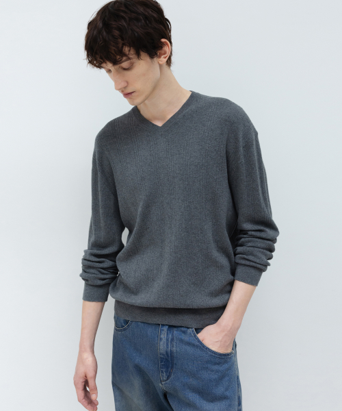 Cotton Cashmere Ribbed V-Neck Knit GREY
