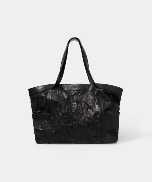 Multi-Pocket Crinkle Lambskin Tote Bag (Black)