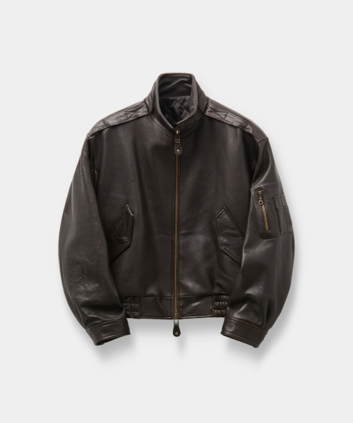 Vintage Shelter Neck Collar Leather Jumper (Black Brown)