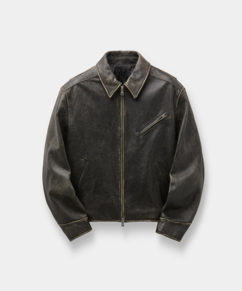Washed Cow Leather Biker Jacket (Washed Black)