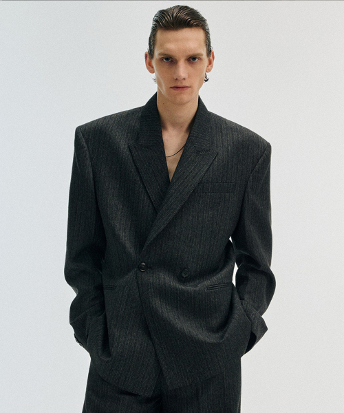 Valmont Wool Herringbone Double Blazer Ash Black