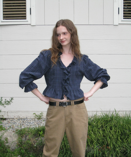 Bien check ruffle blouse - Navy