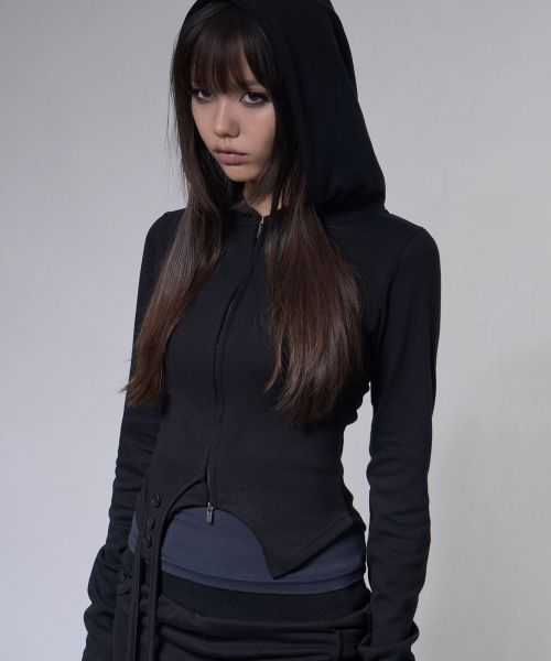 OVERLAY CROP HOODED ZIP-UP (BLACK) F26ZA513