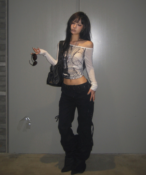 BELTED FLARE SHIRRING PANTS (BLACK) F26ZD468