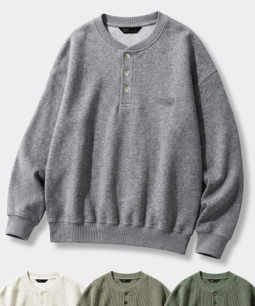REGULAR WAFFLE HENLEY NECK T-SHIRT_4 COLOR