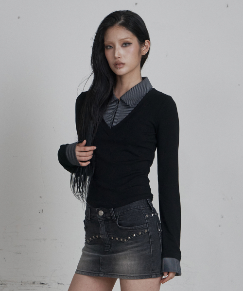 C HOOK OPEN SHIRT LAYERED TOP_BLACK