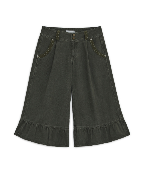 Washed ruffle capri pants (Khaki)