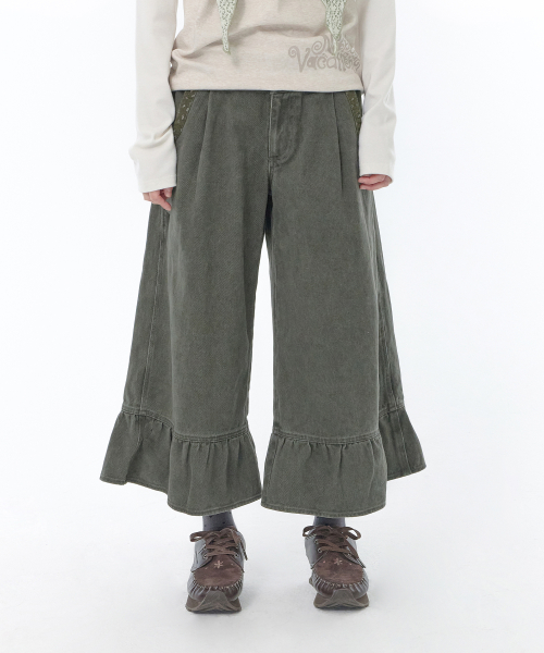 Washed ruffle capri pants (Khaki)