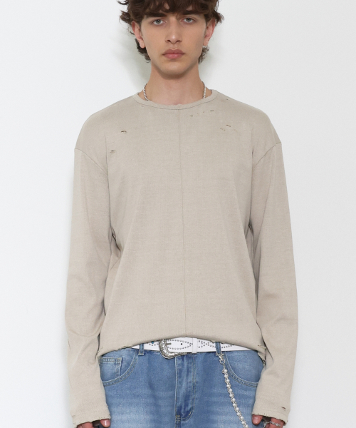 Vintage Damage Lettering Long Sleeve BEIGE