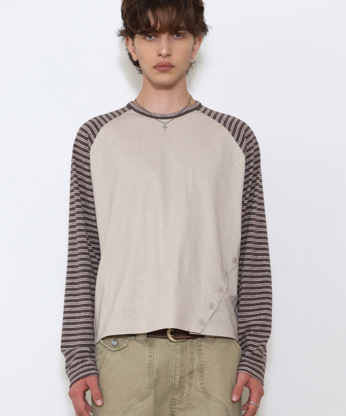 Stripe Raglan Button Long Sleeve BROWN