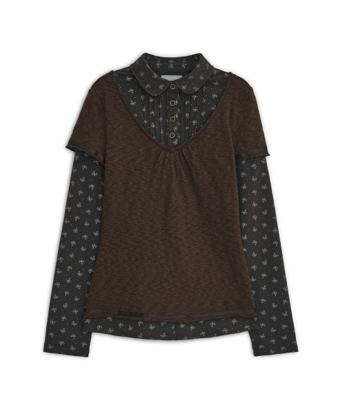 Flower shirts layered top (Brown)