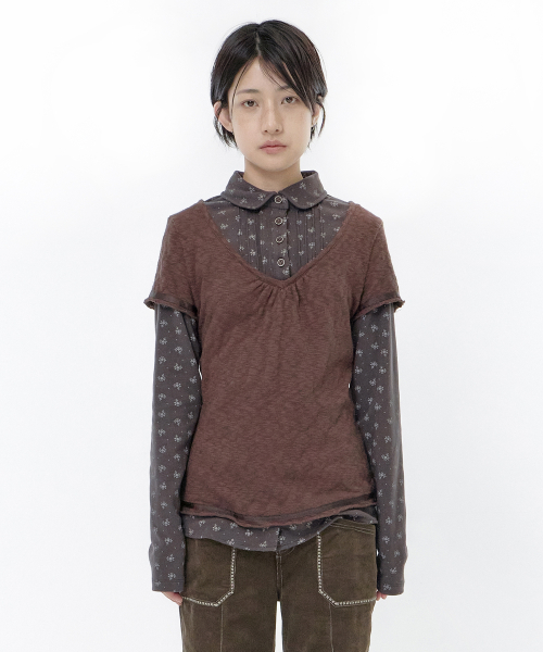 Flower shirts layered top (Brown)