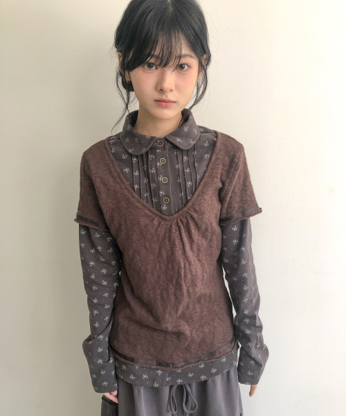 Flower shirts layered top (Brown)