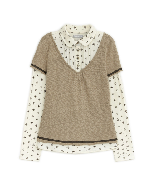 Flower shirts layered top (Beige)