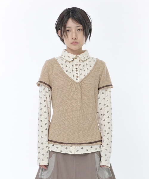 Flower shirts layered top (Beige)