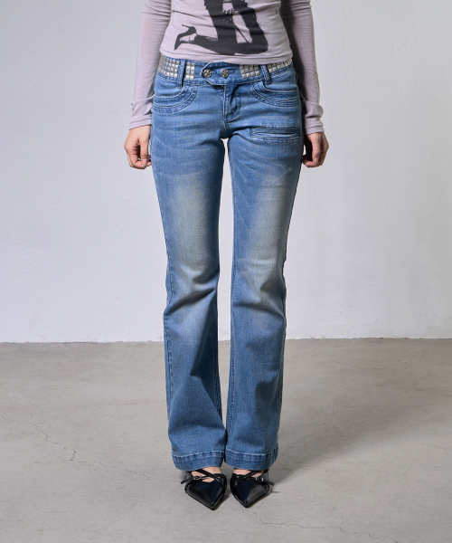 BLING BELTED BOOTCUT PANTS (MID BLUE) F26ZD464