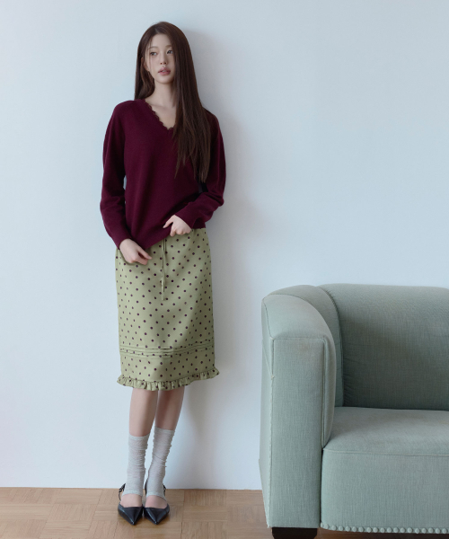 DOT PINTUCK FRILL SKIRT OLIVE