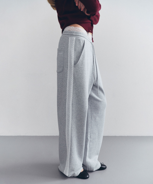 LACE SAGGING SWEAT PANTS MELANGE GRAY