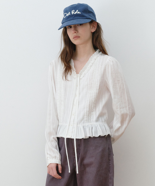 FRILL NECK LACE PINTUCK COTTON BLOUSE WHITE