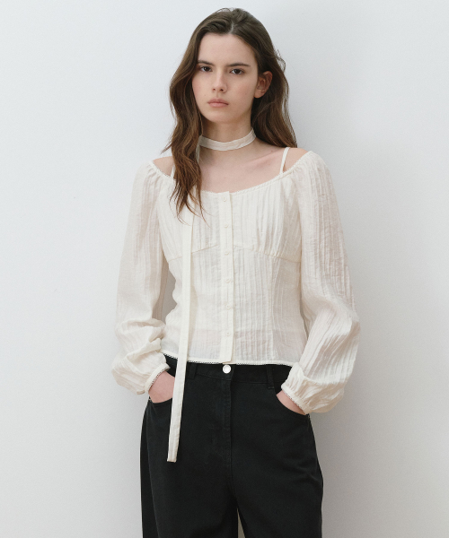 SHEER OFF SHOULDER TIE BLOUSE IVORY