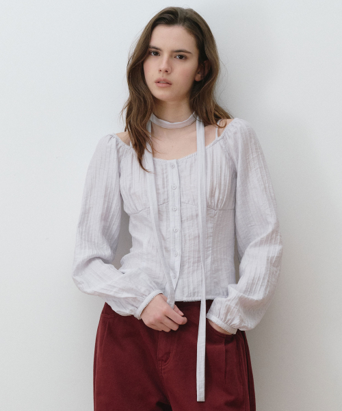 SHEER OFF SHOULDER TIE BLOUSE LIGHT GRAY
