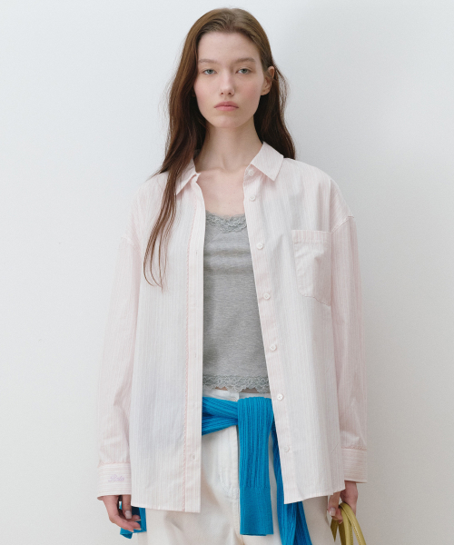 LACE POINT LOOSE FIT STRIPE SHIRT LIGHT PINK