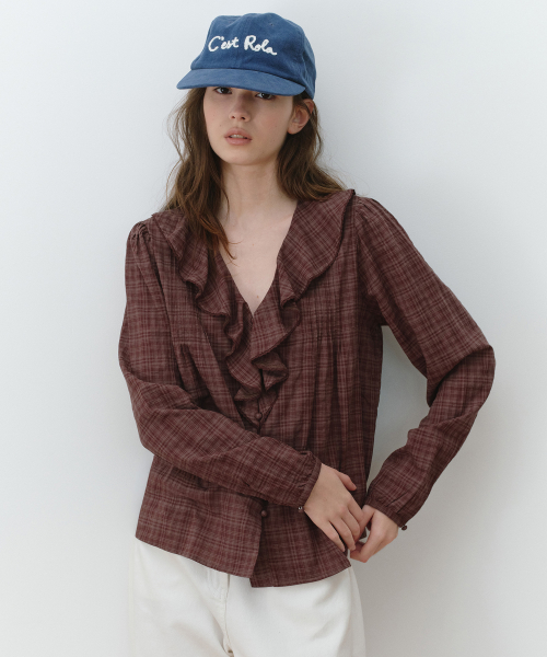 FRILL PINTUCK CHECK BLOUSE BROWN
