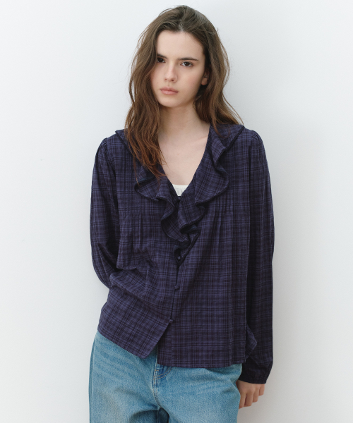 FRILL PINTUCK CHECK BLOUSE DEEP NAVY