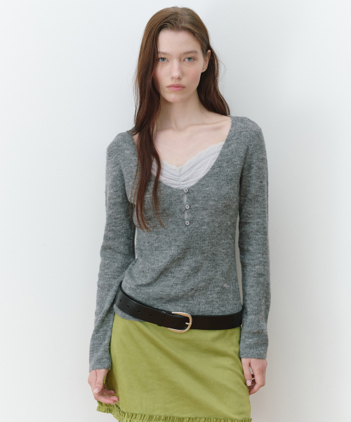 LACE LAYERED SLIM KNIT MELANGE CHARCOAL
