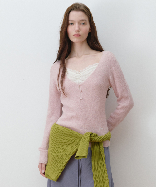 LACE LAYERED SLIM KNIT PINK