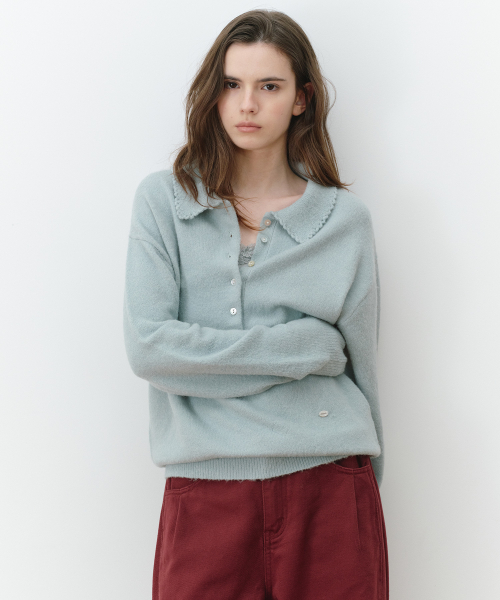 SCALLOP COLLAR HENLEY LOOSE FIT KNIT MINT