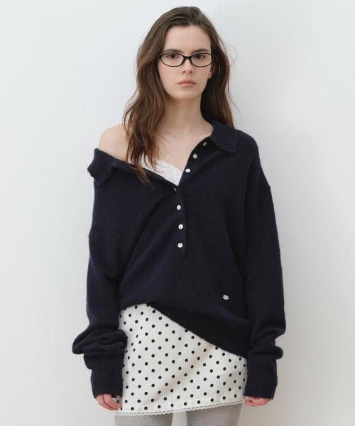 SCALLOP COLLAR HENLEY LOOSE FIT KNIT NAVY