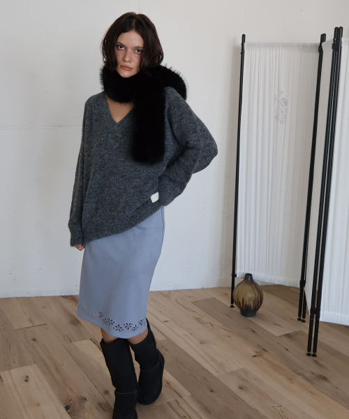 SUEDE PUNCHED MIDI SKIRT (BLUE)