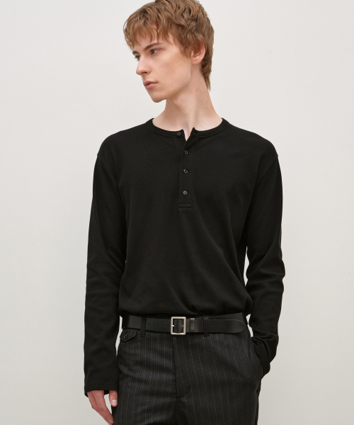Slim Fit Ribbed Henley Neck BLACK