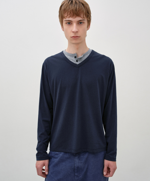 Double Layered Henley Neck Long Sleeve NAVY
