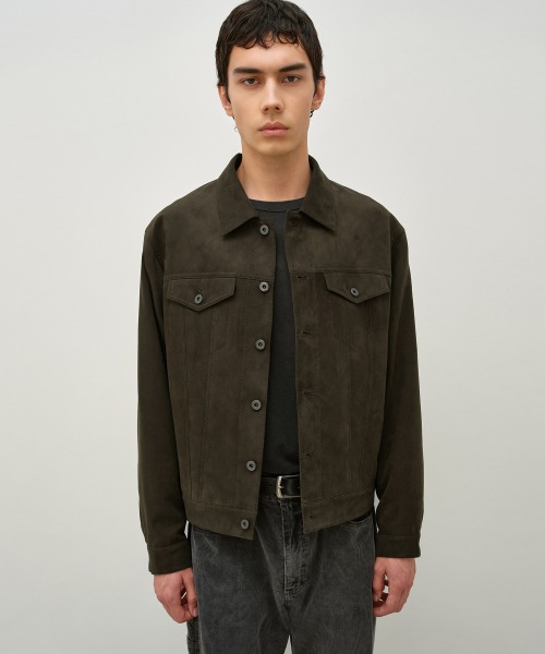 Faux Suede Trucker Jacket OLIVE BROWN