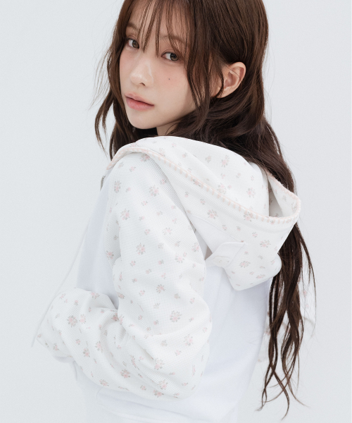 Flower Raglan Hoodie Zip Up_White