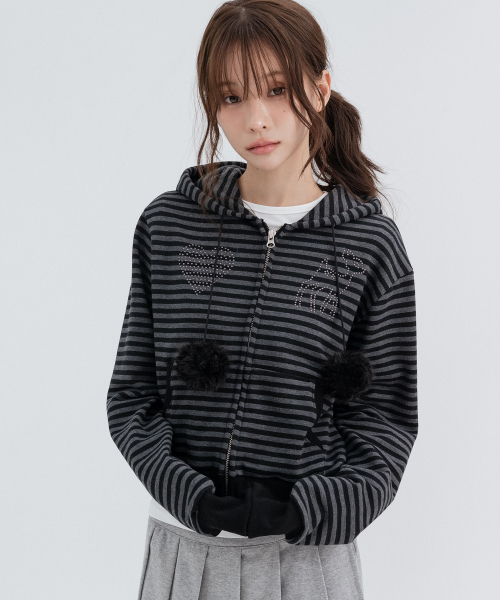 Pom-Pom Striped Hoodie Zip Up_Black
