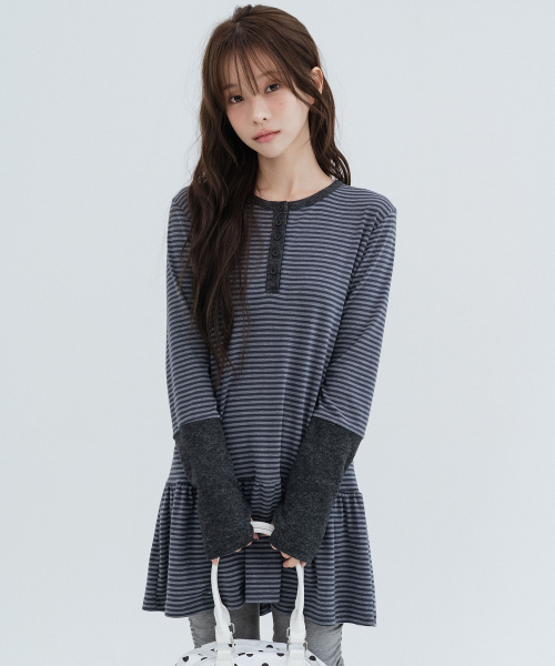 Henley Neck Striped One Piece_Charcoal
