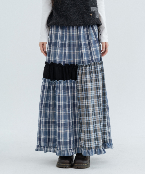 Checked Vintage Long Skirts_Navy