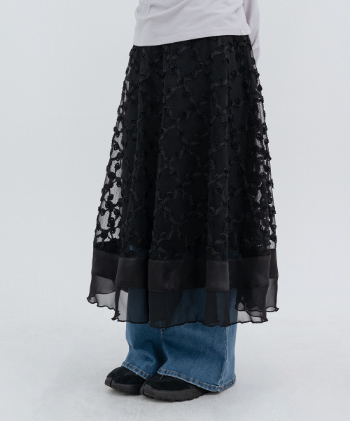 Floral Lace Long Skirts_Black