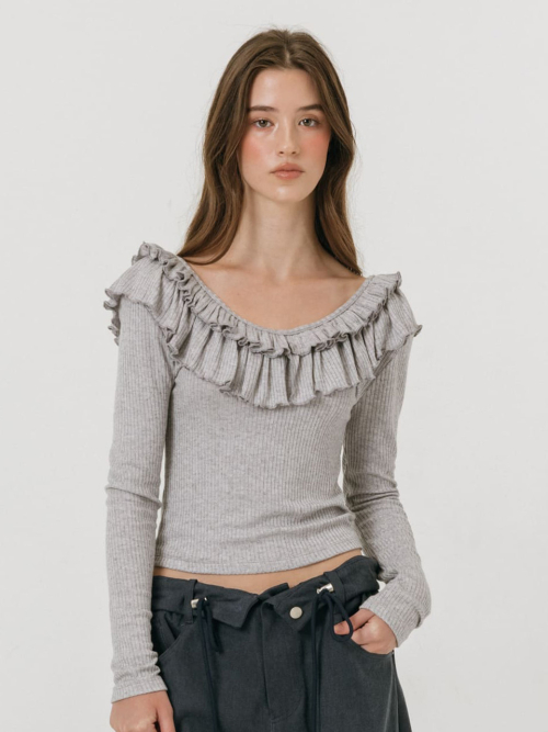 DOUBLE FRILL OFF SHOULDER T-SHIRT / GREY