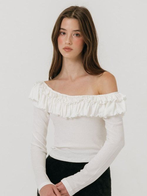 DOUBLE FRILL OFF SHOULDER T-SHIRT / WHITE
