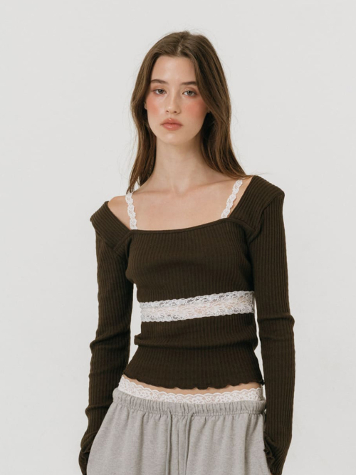 FLEUR SHEER LACE T-SHIRT / BROWN